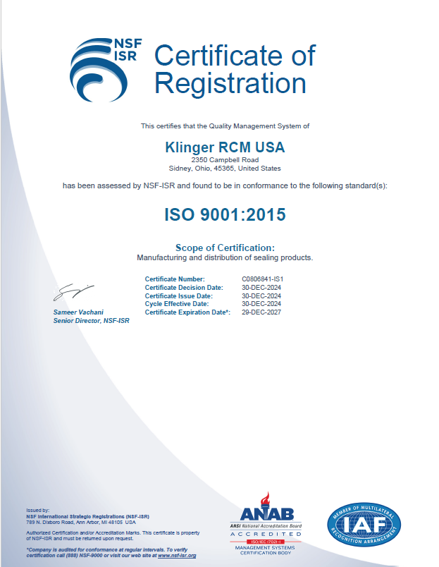 KLINGER RCM USA ISO Certificate