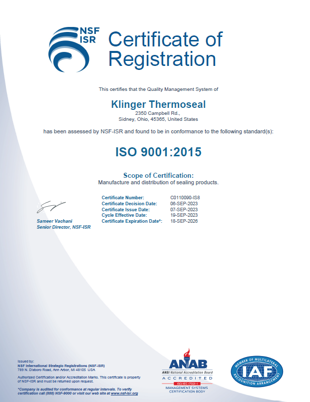 KLINGER Thermoseal ISO Certificate